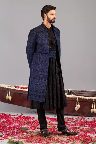 Blue georgette embroidered sherwani set for mens