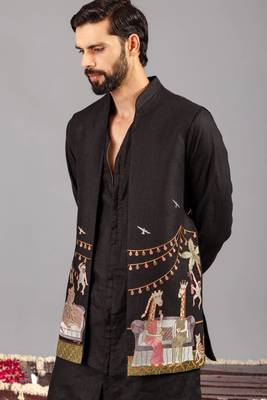 Black georgette embroidered linen kurta jacket set for mens 5