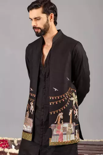 Black georgette embroidered linen kurta jacket set for mens