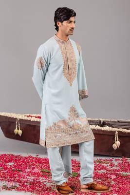Sky blue georgette embroidered kurta set for mens 3