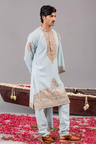 Sky blue georgette embroidered kurta set for mens