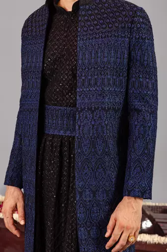 Blue georgette embroidered sherwani set for mens