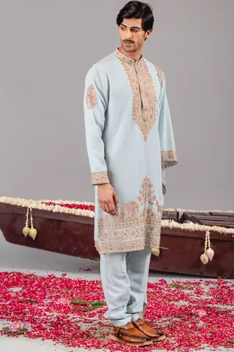 Sky blue georgette embroidered kurta set for mens
