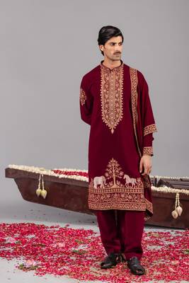 Wine georgette embroidered kurta set for mens 1