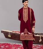 Wine georgette embroidered kurta set for mens
