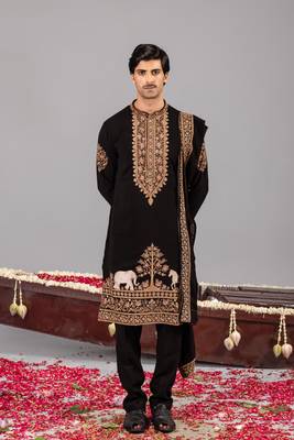 Black georgette embroidered kurta set for mens 1