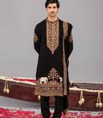 Black georgette embroidered kurta set for mens