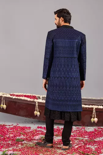 Blue georgette embroidered sherwani set for mens