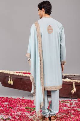 Sky blue georgette embroidered kurta set for mens 5