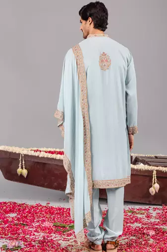 Sky blue georgette embroidered kurta set for mens