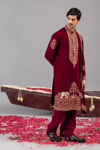 Wine georgette embroidered kurta set for mens