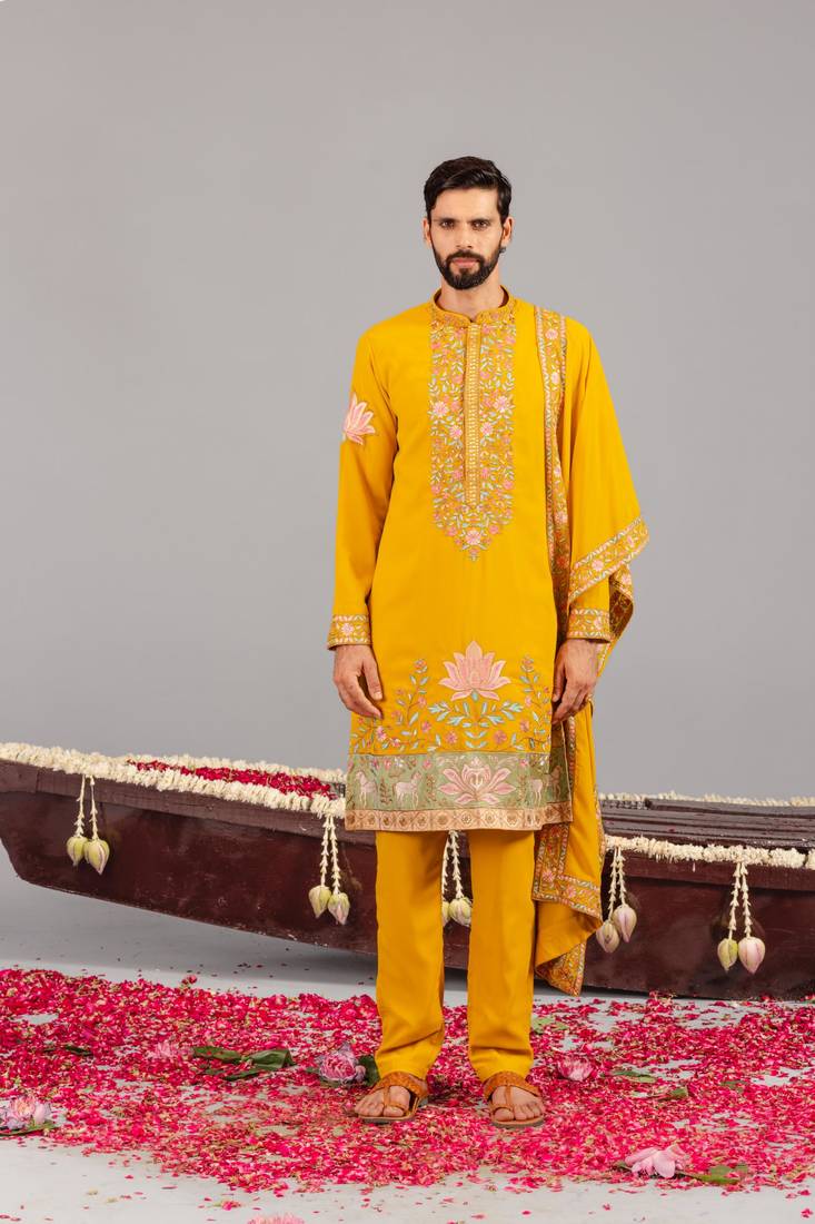 Haldi georgette embroidered kurta set for mens