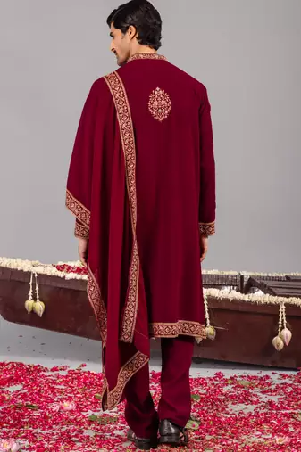 Wine georgette embroidered kurta set for mens