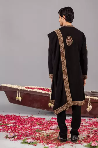 Black georgette embroidered kurta set for mens