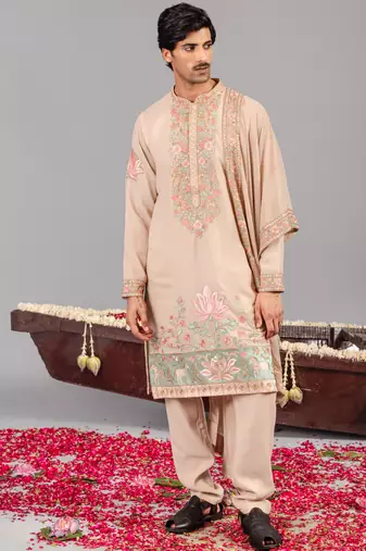 Beige georgette embroidered kurta set for mens