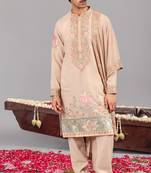 Beige georgette embroidered kurta set for mens