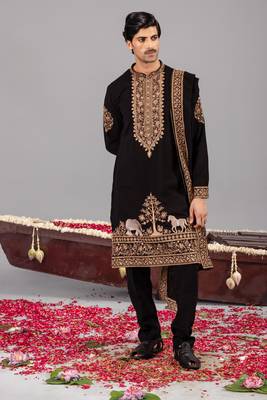 Black georgette embroidered kurta set for mens 5