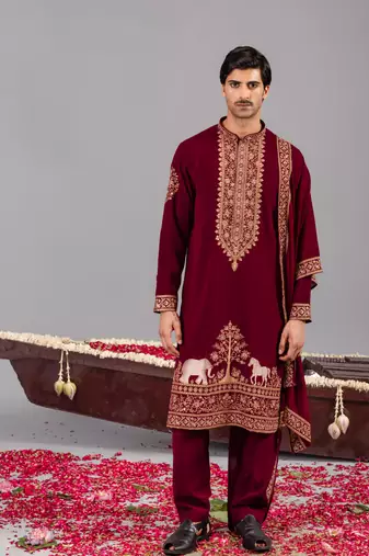 Wine georgette embroidered kurta set for mens