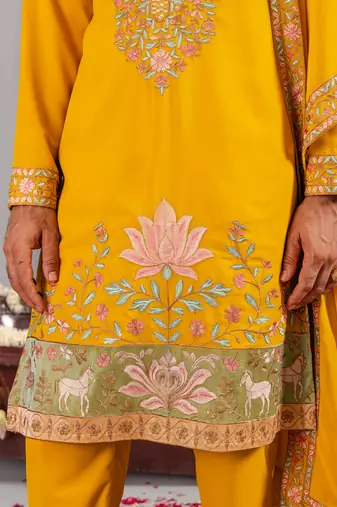 Haldi georgette embroidered kurta set for mens