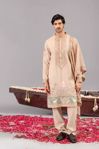 Beige georgette embroidered kurta set for mens