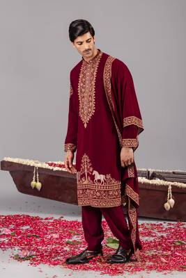 Wine georgette embroidered kurta set for mens 5