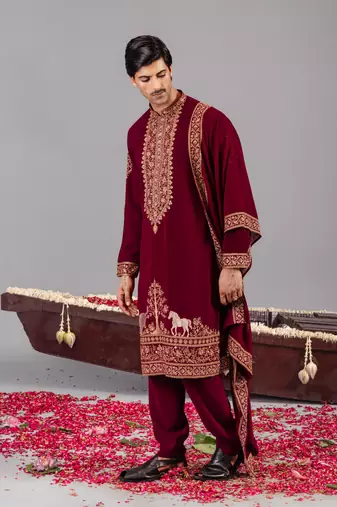 Wine georgette embroidered kurta set for mens