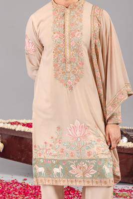 Beige georgette embroidered kurta set for mens 3