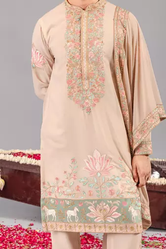 Beige georgette embroidered kurta set for mens