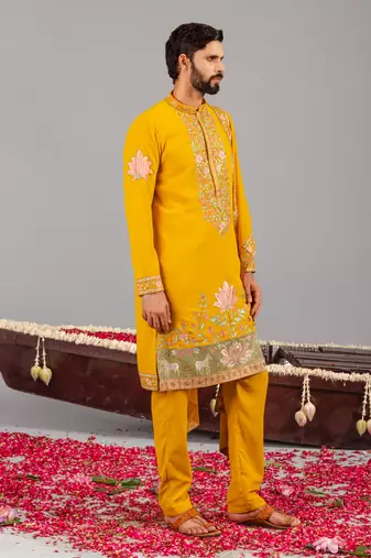 Haldi georgette embroidered kurta set for mens