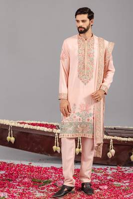 Pink georgette embroidered kurta set for mens 1