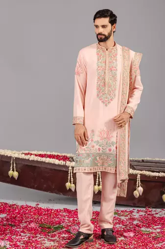 Pink georgette embroidered kurta set for mens