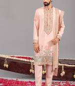 Pink georgette embroidered kurta set for mens