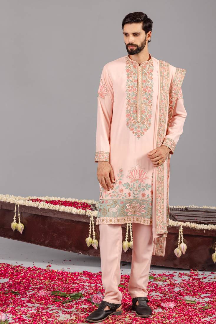 Pink georgette embroidered kurta set for mens