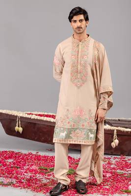Beige georgette embroidered kurta set for mens 4