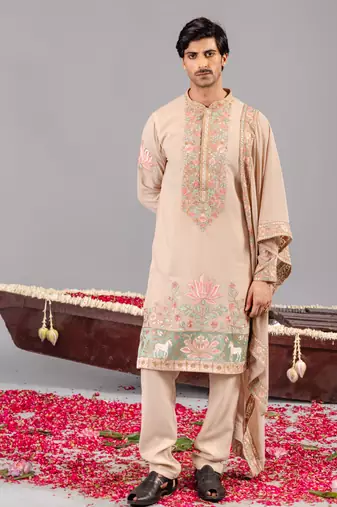 Beige georgette embroidered kurta set for mens