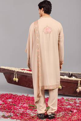 Beige georgette embroidered kurta set for mens 5