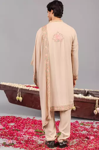 Beige georgette embroidered kurta set for mens