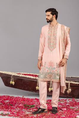 Pink georgette embroidered kurta set for mens 2