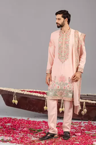 Pink georgette embroidered kurta set for mens