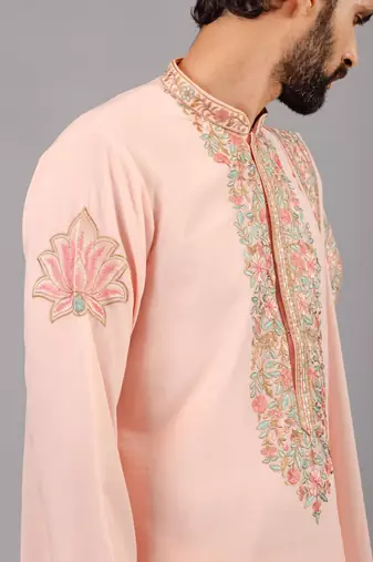 Pink georgette embroidered kurta set for mens