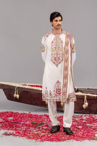 Ivory georgette embroidered kurta set for mens