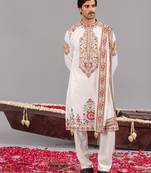 Ivory georgette embroidered kurta set for mens