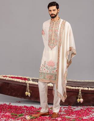 Ivory georgette embroidered kurta set for mens 1