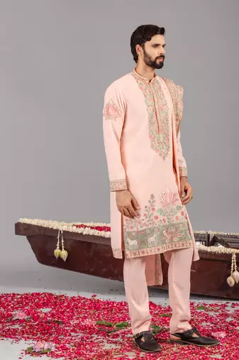 Pink georgette embroidered kurta set for mens