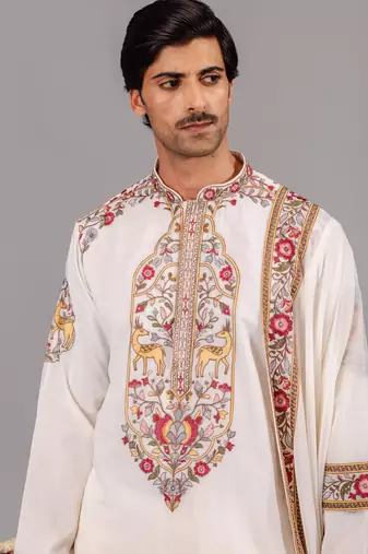 Ivory georgette embroidered kurta set for mens