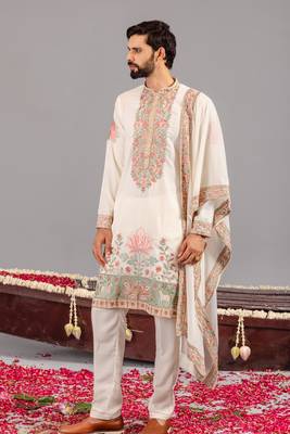 Ivory georgette embroidered kurta set for mens 2