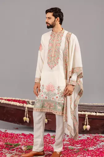 Ivory georgette embroidered kurta set for mens