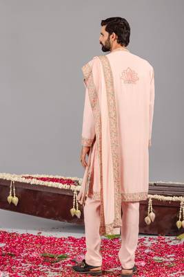 Pink georgette embroidered kurta set for mens 5