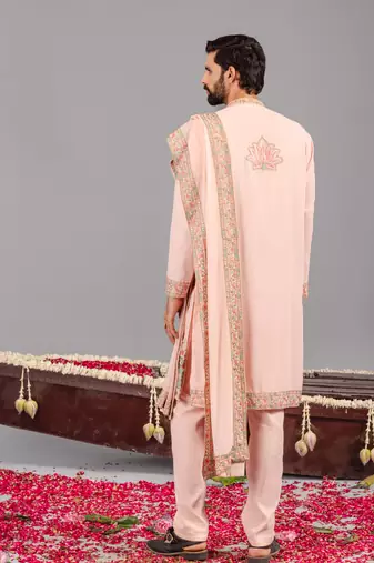 Pink georgette embroidered kurta set for mens