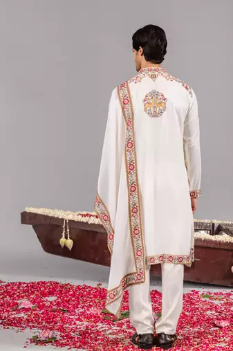Ivory georgette embroidered kurta set for mens
